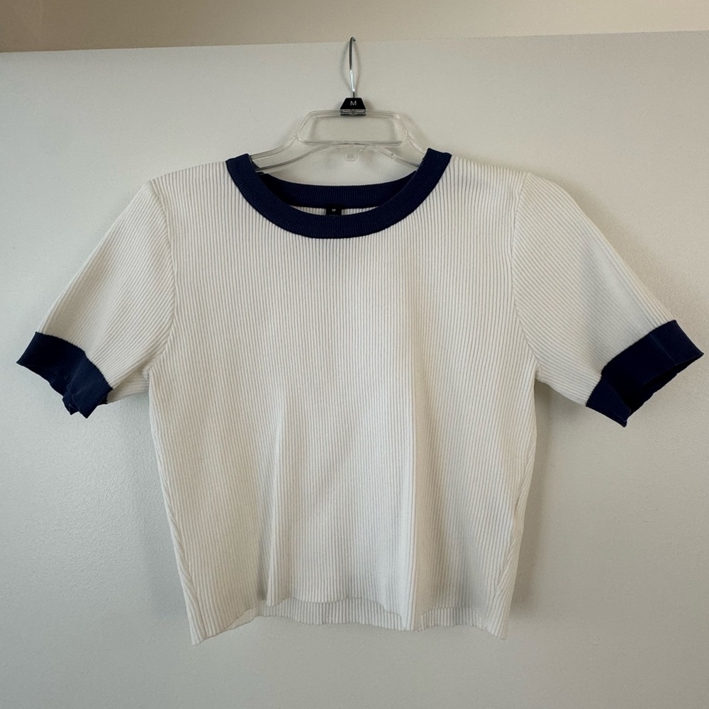 Cotton On Body White Ribbed Short Sleeve Top with Navy Trim